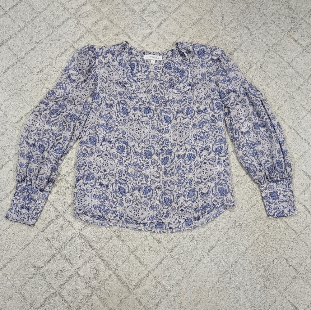Intermix Shirt Womens Size P Blue Floral Paisley Silk Blouse Romantic Business